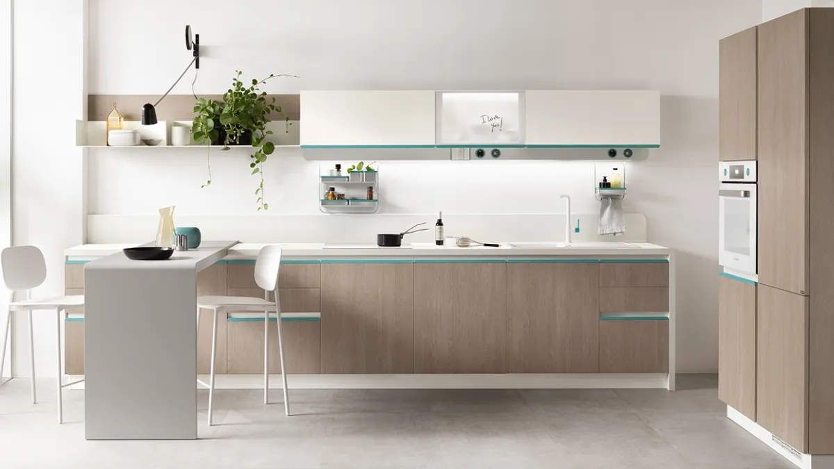 Cucina Moderna Dandy Plus Rovere Gessato con maniglia Blu Agave di Scavolini