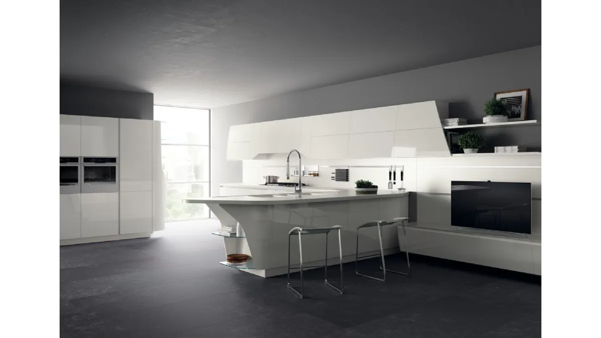 Cucina Moderna con penisola Flux Swing in Bianco lucido di Scavolini