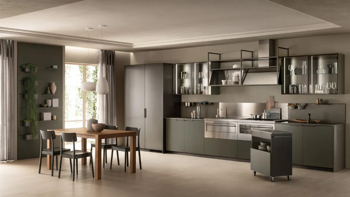 Cucina Moderna Mia Verde Minerale e Acciaio Scuro di Scavolini