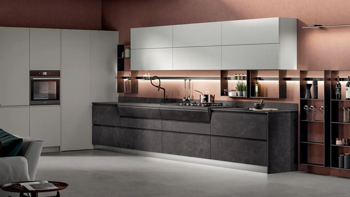 Cucina Moderna Motus in decorativo Pietra Abyss e laccato Grigio Airone di Scavolini