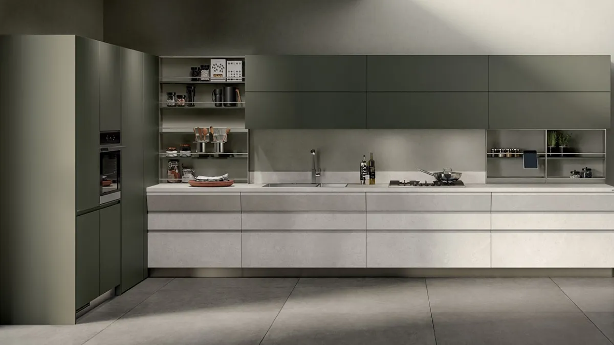 Cucina Moderna Motus in Pietra Solar e laccato opaco Verde Minerale di Scavolini