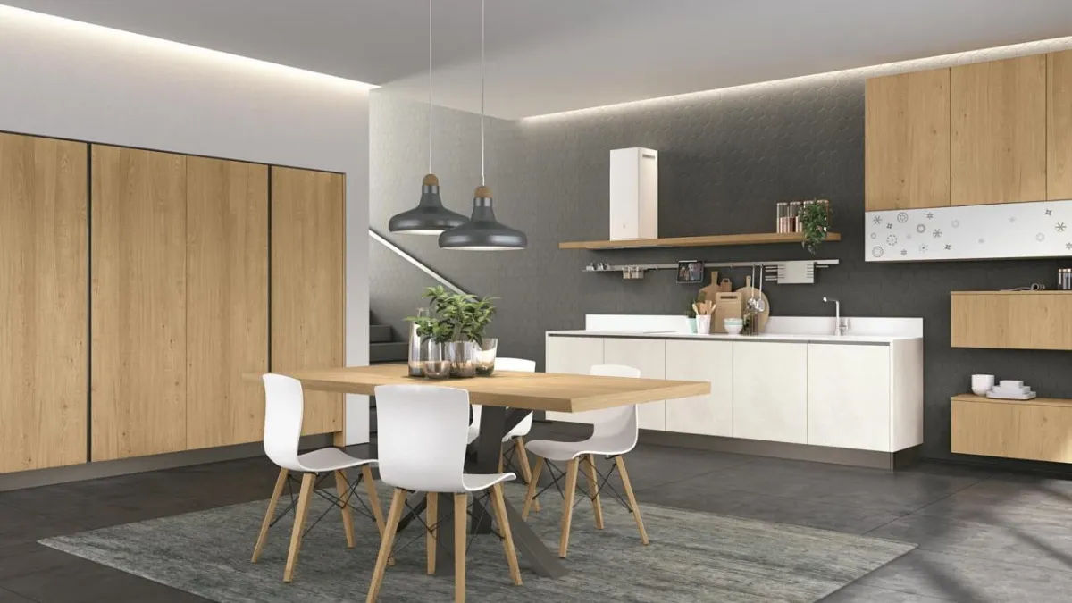 Cucina Moderna lineare in Rovere e laccato Clover 08 di Lube